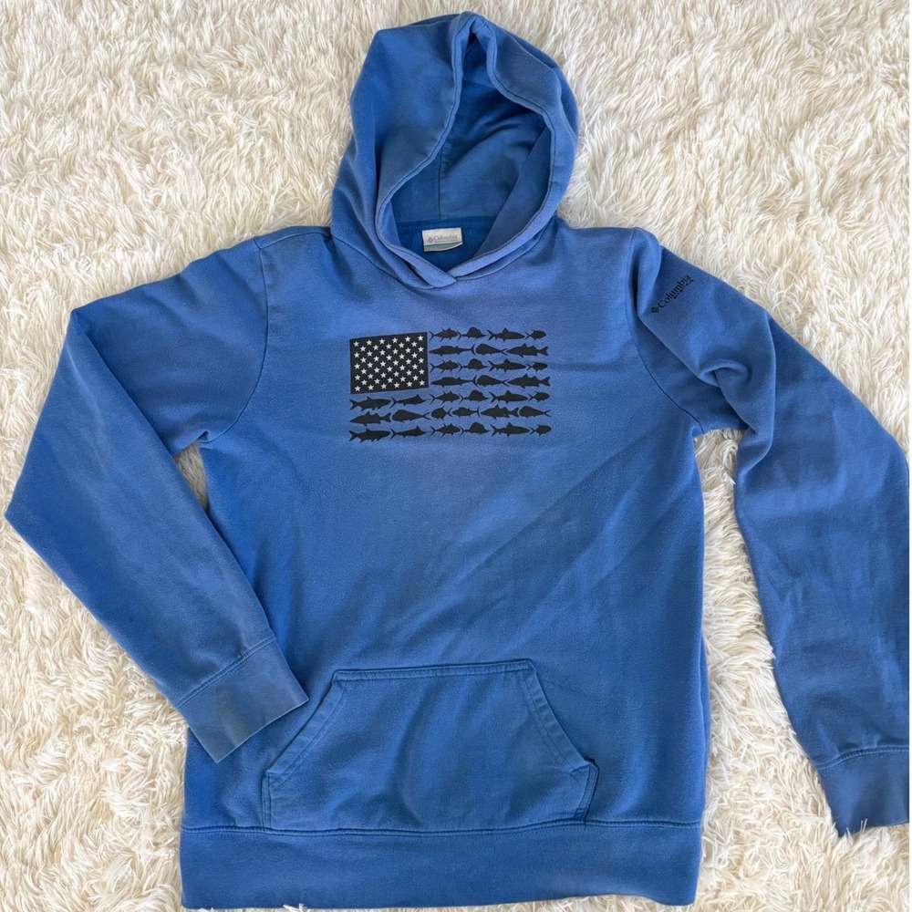 Columbia Fishing Hoodie XL (18/20) Blue American Flag Fish Graphic‎ Youth